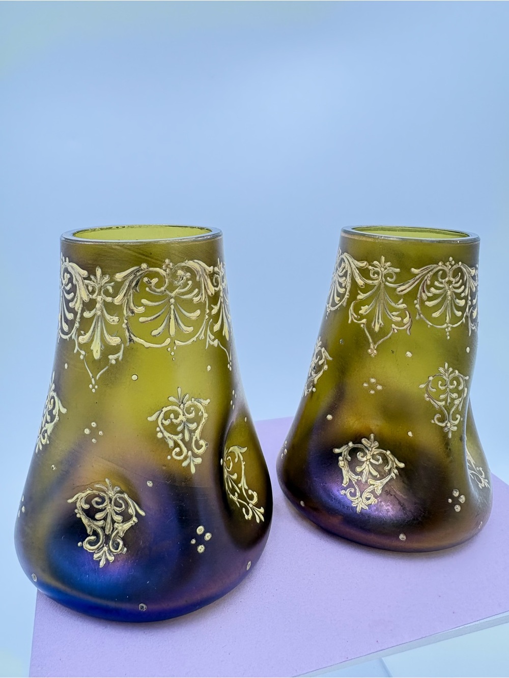 Pair of Circa 1910 Loetz Art Glass Enamel/ Gilded Iridescent Pinched Lobe Vases